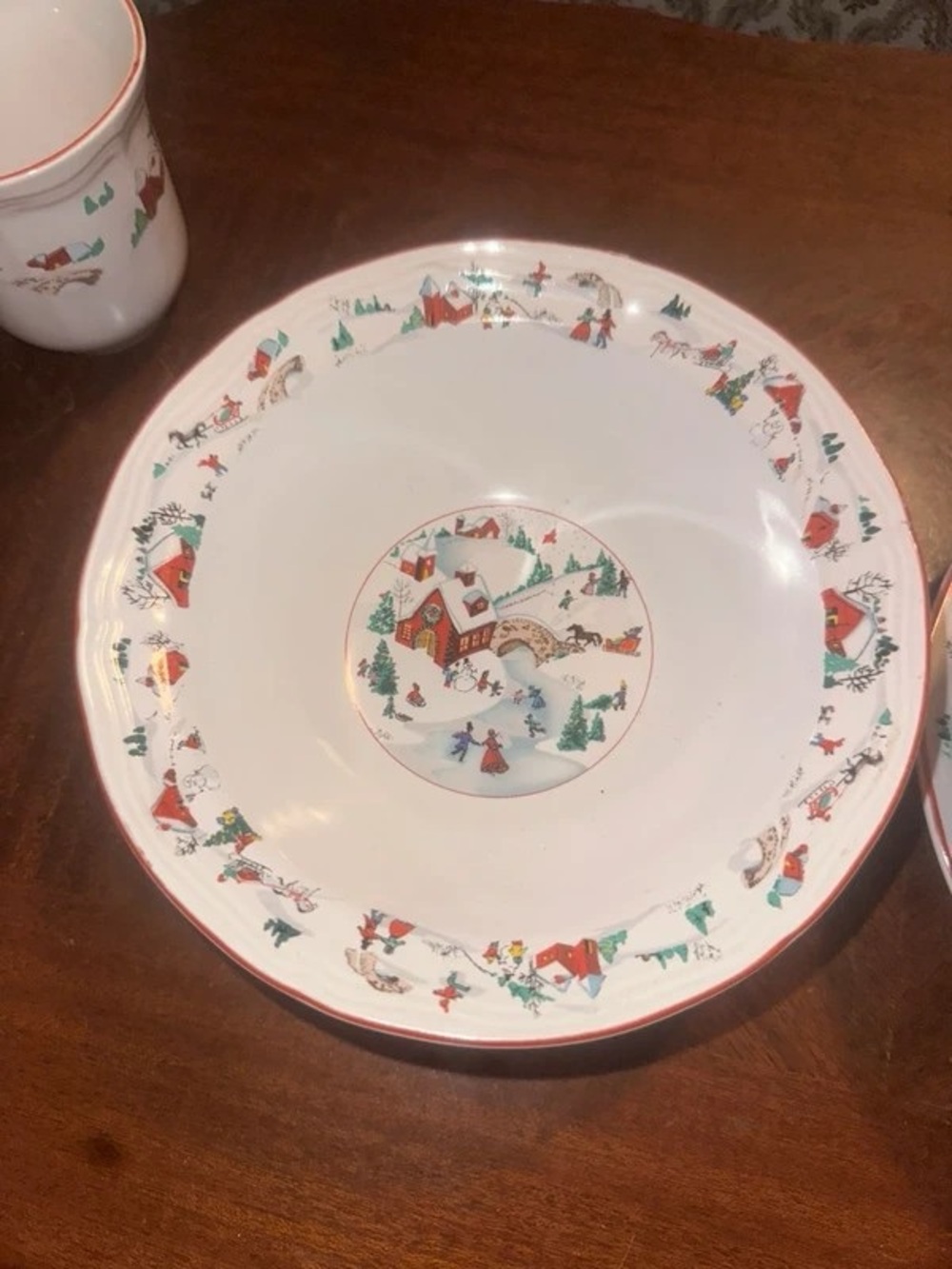 White Ceramic Holiday Village Serving Bowl with Red Trim